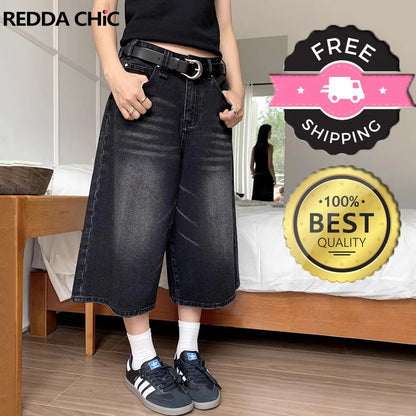 REDDACHiC Retro Y2k Baggy Jorts Women Men Whiskers Black Jeans Low Waist Casual Wide Pants Frayed Denim Shorts Big Size Clothes