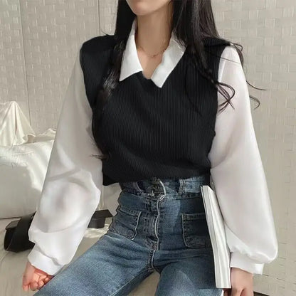 False Two-piece Polo Collar Women's Blouse Spring Casual Korean Shirt Y2k Tops Streetwear Loose Female Pullovers Elegant Blouses