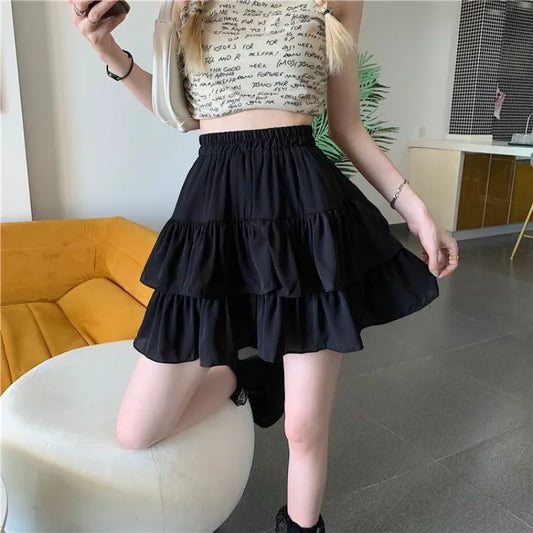 White Ruffles Mini Skirt Women Kawaii Elastic Waist A-line Loose Preppy Style Cute Short Pleated Skirt Korean Fashion