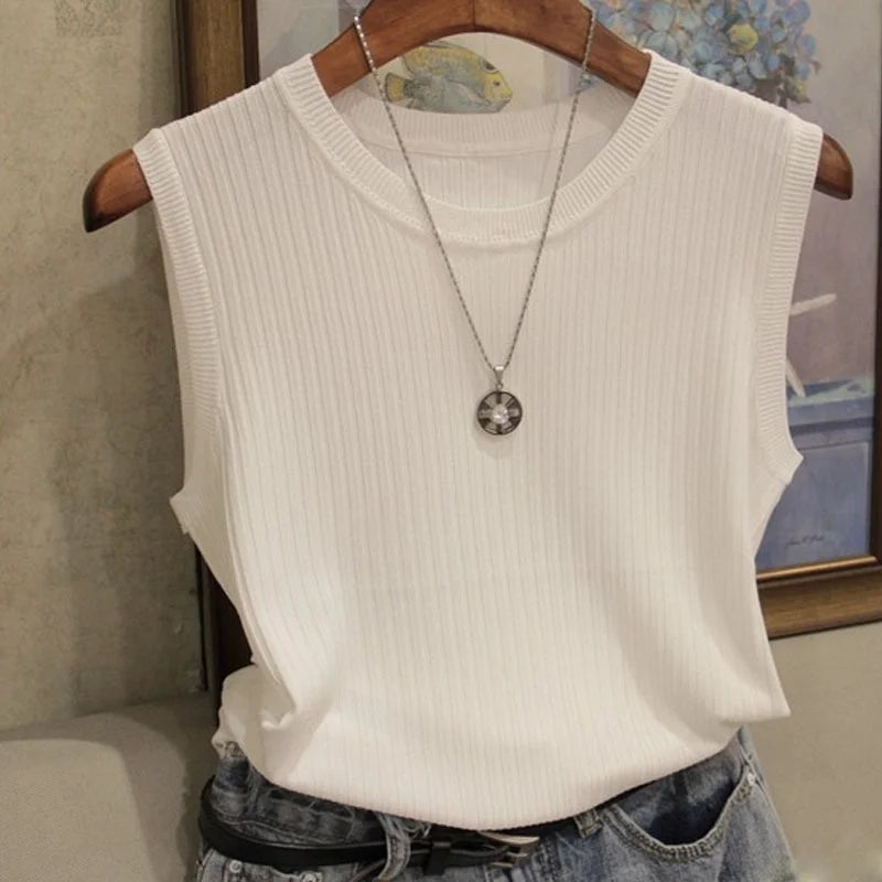 1pcs Summer New Fashion Knitted Vests O-neck Sleeveless Casual Thin Tops