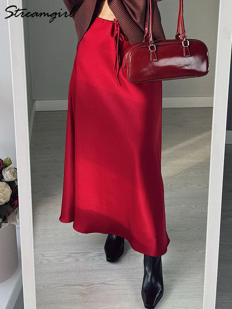 Long Black Satin Skirts For Women 2025 Spring Summer Straight Maxi Green Skirt Elegant Beige Women Satin Silk Skirts Long Brown