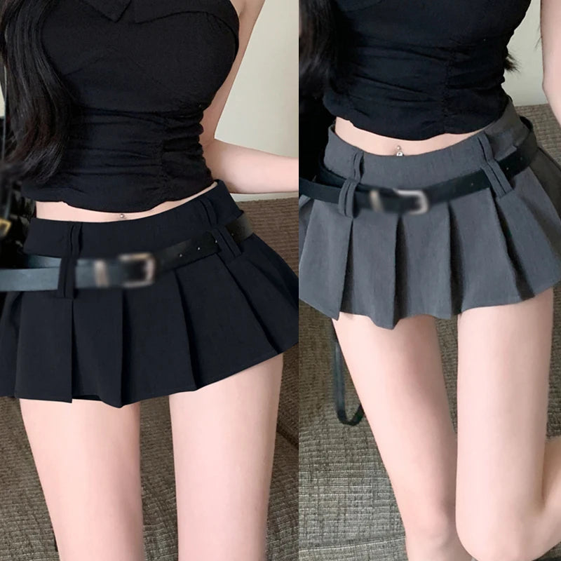 Women's High Waist Short Skirt Sexy and Fashionable Spicy Girl A-line Pleated Skirt with Belt Half length Skirt