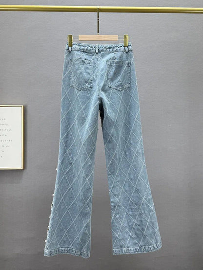 Women Jeans High Waist Embroidered Flares Plaid Pearls Straight Beading Pendant Denim Pants 2025 Autumn New Fashion