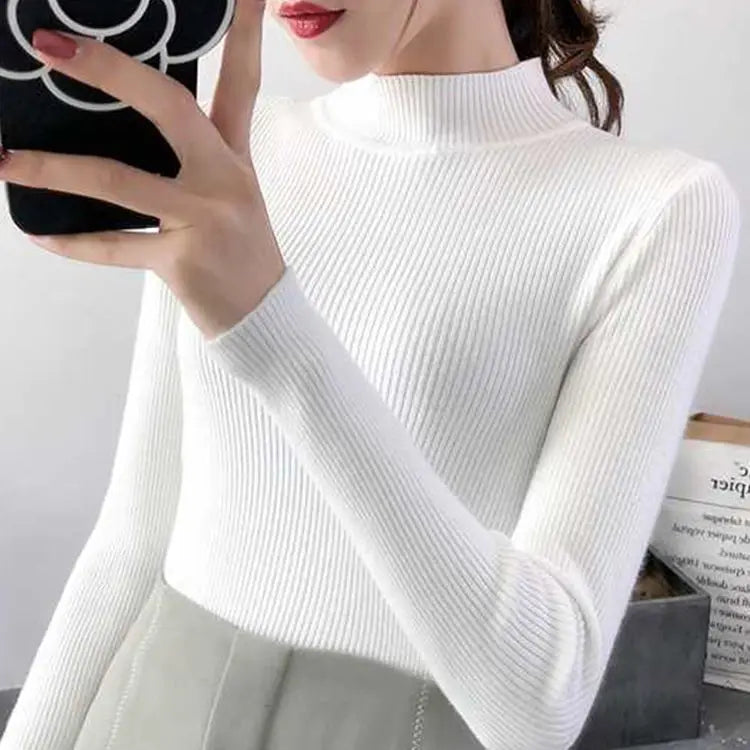 Autumn Winter Mock Neck Women Sweater Vintage Basic Solid Knitted Tops Casual Slim Pullover Korean Sweaters Simple Chic Jumpers