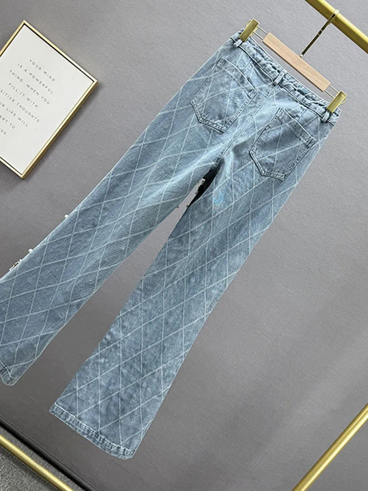 Women Jeans High Waist Embroidered Flares Plaid Pearls Straight Beading Pendant Denim Pants 2025 Autumn New Fashion