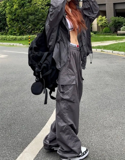 Y2K Parachute Black Pants Women Hippie Streetwear Oversize Pockets Cargo Trousers Harajuku Wide Leg Baggy Sweatpants