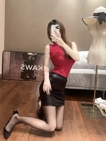 WOMENGAGA Leather Matte Slim Mini Sexy Fashion PU Hot Short High Waist Skirt Korean Nightclub Streetwear Wholesale Clothes 7ST