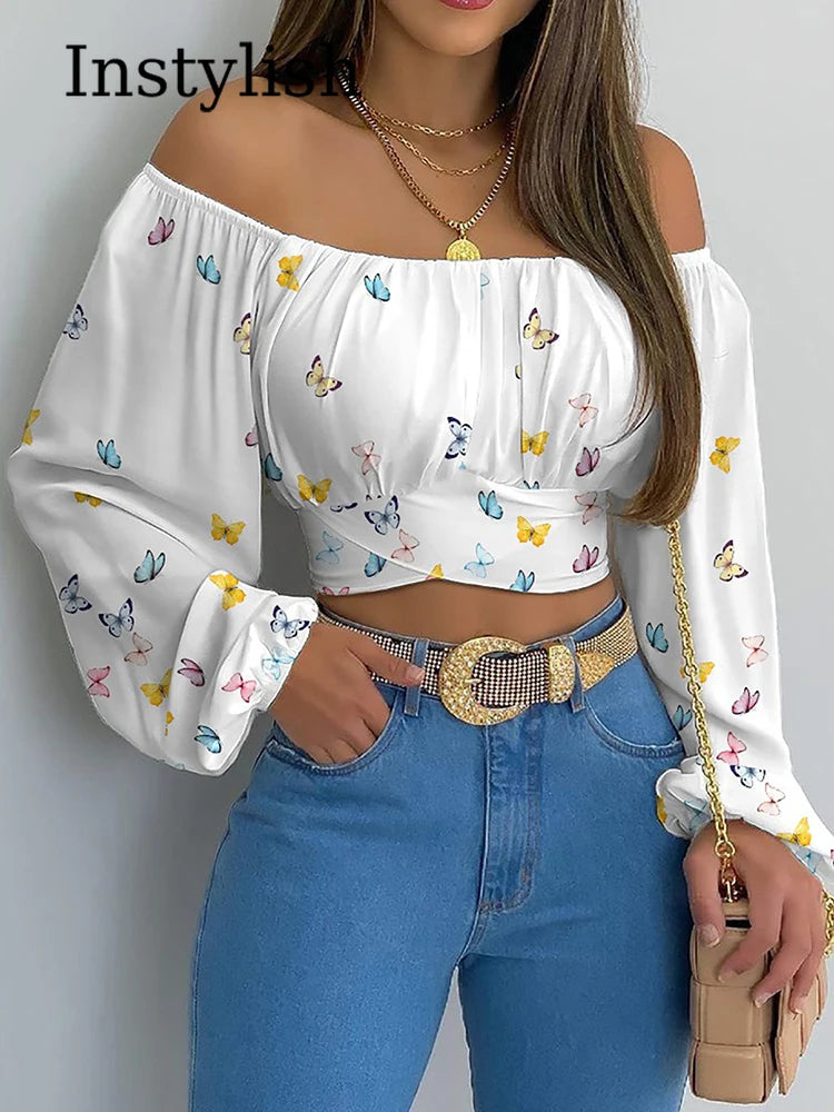 Women Sexy Off Shoulder Printing Blouses Chic and Elegant Lantern Long Sleeve Lace Up Bow Cropped Tops Casual Slim Shirts 2023