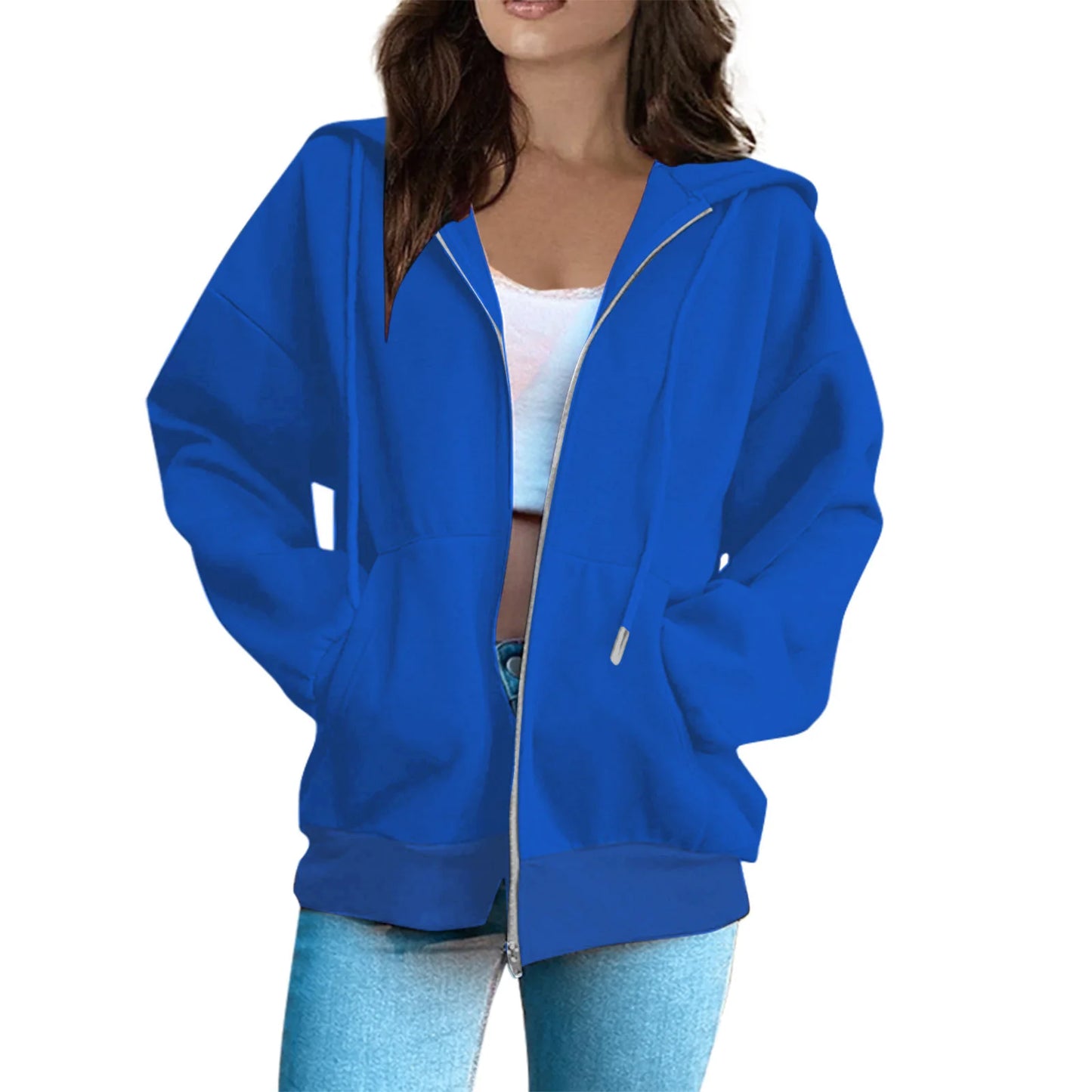 Women's Casual Fashion Solid Color Long Sleeved Zippered Hooded Sweatshirt