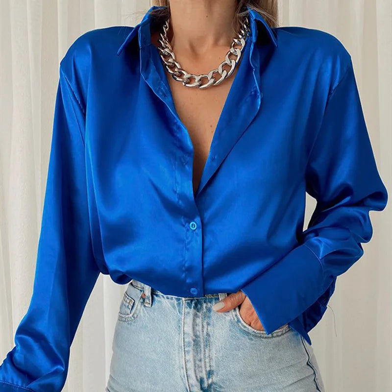 Autumn Shirt Women's Polo Collar Office Lady blouse Vintage Blue Green Shirt Loose Button Up Down Shirts Black Fashion Tops