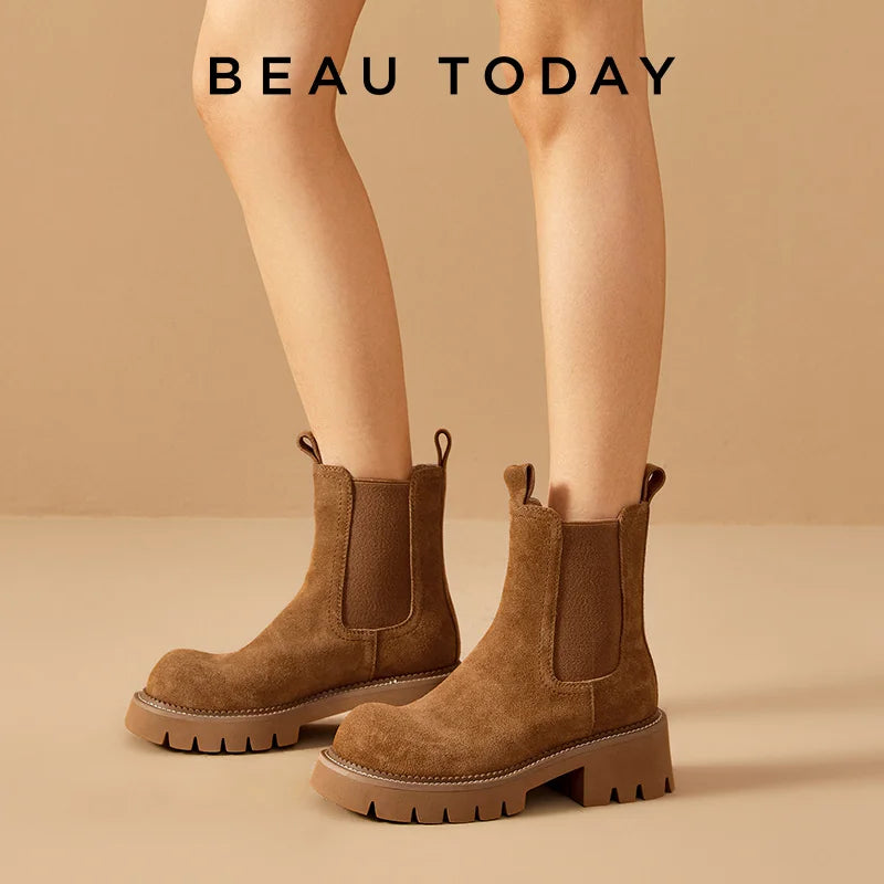 BEAUTODAY Ankle Boots Platform Women Cow Suede Chelsea Boots Round Toe Sewing Elastic Band Thick Sole Ladies Shoes 03D54