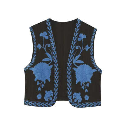 KEYANKETIAN Women Vintage Floral Embroidered Open WaistCoat Ladies National Style Vest Jacket Outfits Casual Vacation Crop Top