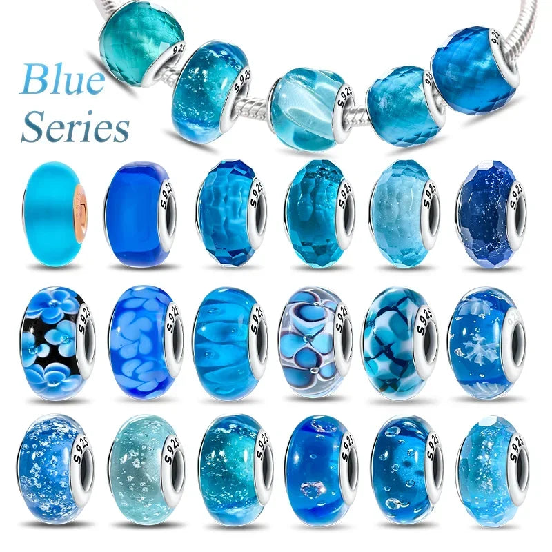 Silver 925 Blue Series Crystal Enamel Murano Charming Bead Silver Color Beads Fit Original Bracelet for Women Diy Jewelry Gifts