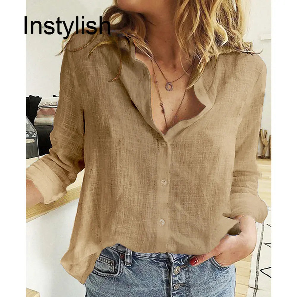 Women Casual Long Sleeve Cotton Linen Loose Shirt Elegant Solid Harajuku Lapel Blouse Vintage Oversize Tops Y2K Streetwear Tunic