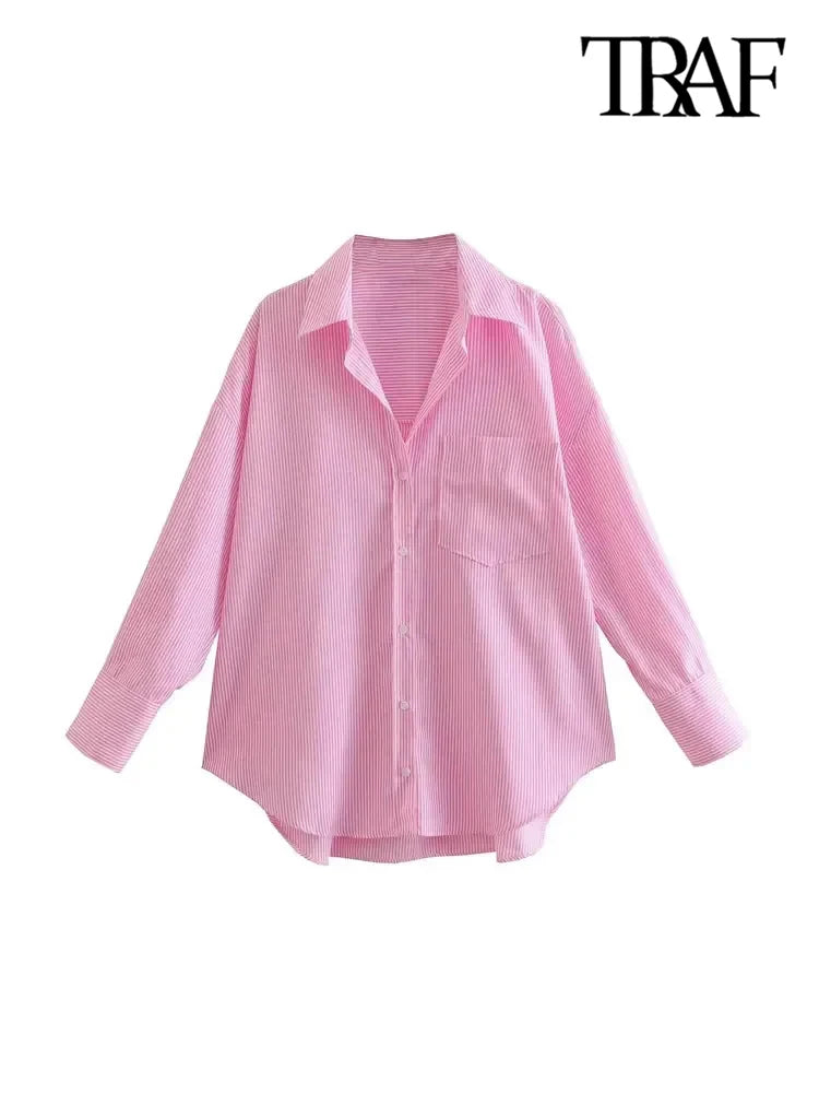 TRAF-Striped Loose Shirts With Pocket for Women, Long Sleeve, Button-up Blouses, Chic Tops, Female Fashion