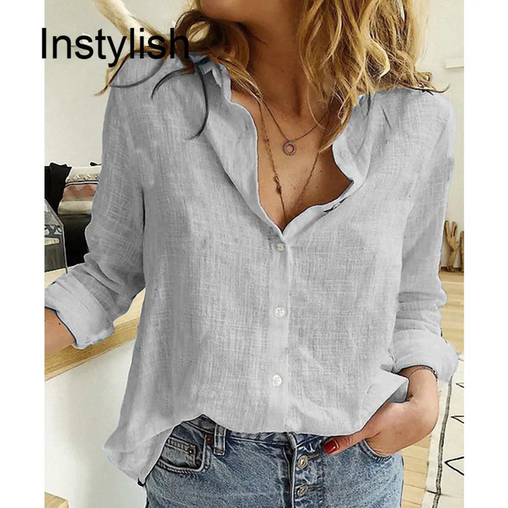 Women Casual Long Sleeve Cotton Linen Loose Shirt Elegant Solid Harajuku Lapel Blouse Vintage Oversize Tops Y2K Streetwear Tunic