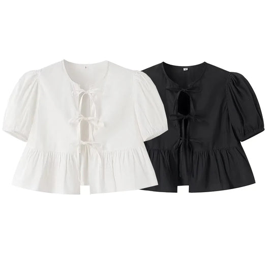 TRAF White Crop Top Women Black Ruffle Short Puff Sleeve Blouse Female Bow Tied Summer Blouses Woman 2024 Ruched Cute Tops