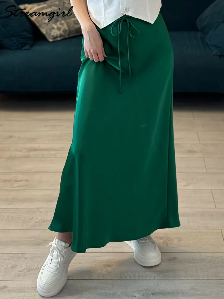 Long Black Satin Skirts For Women 2025 Spring Summer Straight Maxi Green Skirt Elegant Beige Women Satin Silk Skirts Long Brown