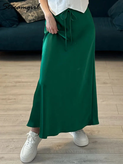 Long Black Satin Skirts For Women 2025 Spring Summer Straight Maxi Green Skirt Elegant Beige Women Satin Silk Skirts Long Brown