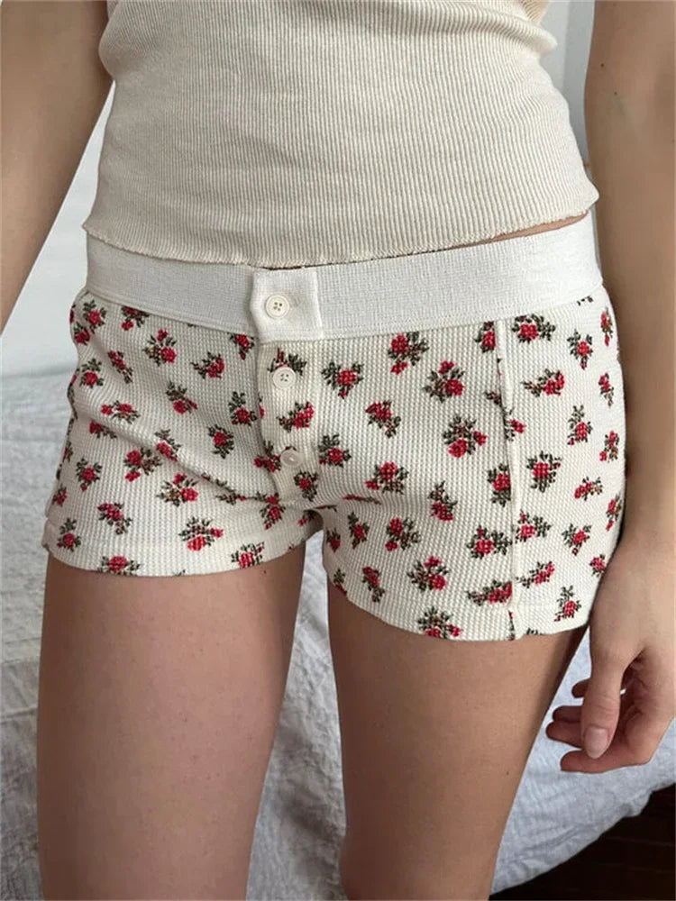 Women's Casual Elastic Shorts Solid Color/Floral/Heart Print Low Waist Button Short Pants Loungewear Summer Bottoms Y2K