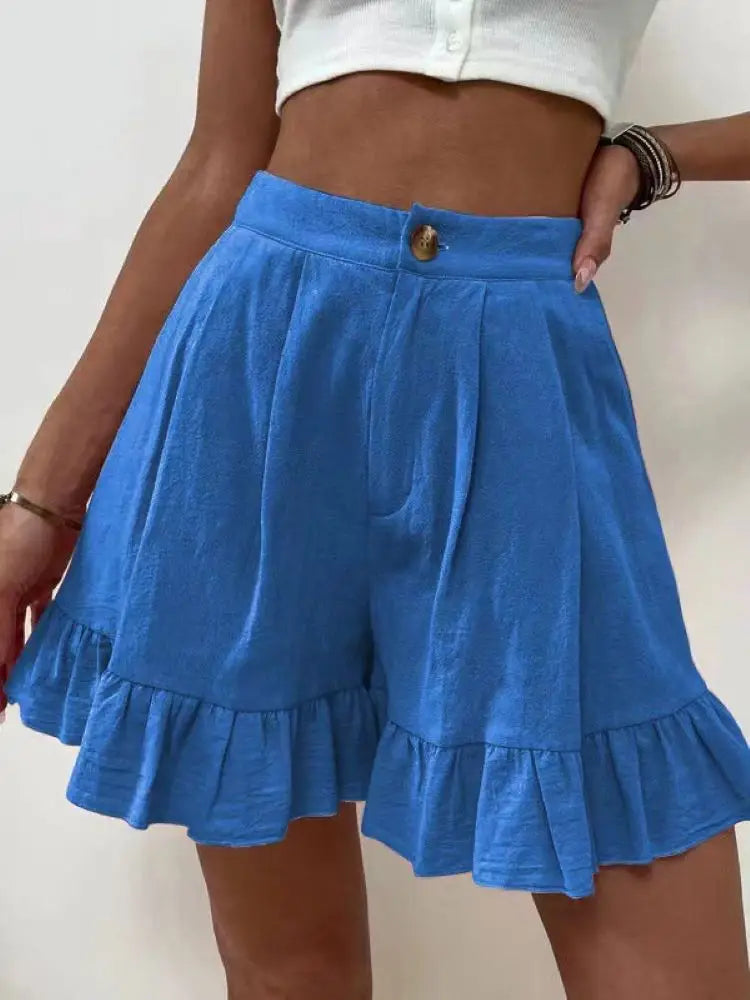 New Women's Shorts Loose Cotton Hemp Casual Shorts Button Zipper Solid Color Pocket High Waist Wide Leg Ruffle Edge Shorts