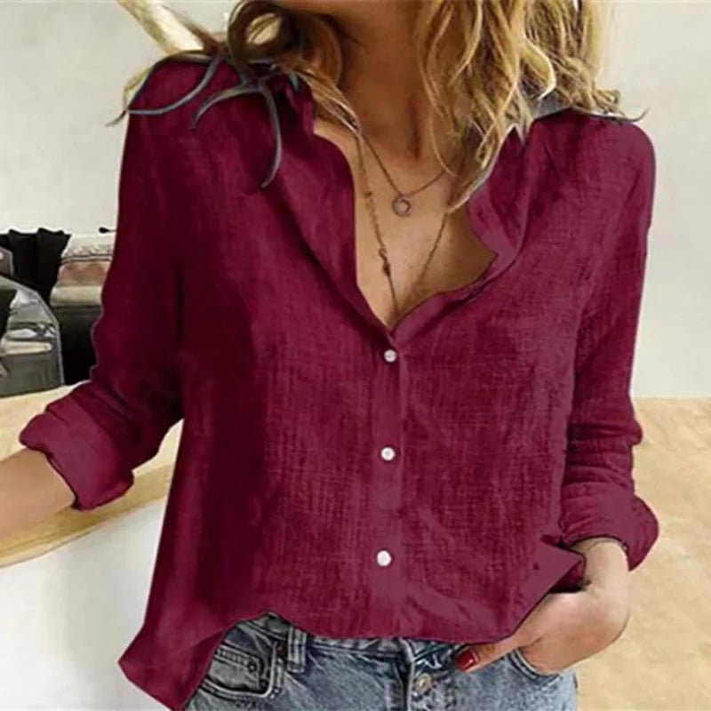 Women Casual Long Sleeve Cotton Linen Loose Shirt Elegant Solid Harajuku Lapel Blouse Vintage Oversize Tops Y2K Streetwear Tunic