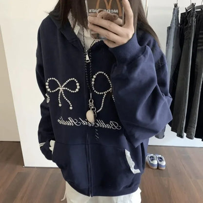 Sweet Bow Embroidery Sweatshirt American Striped Classic Sports Hoodies Jacket Winter Autumn Pullover Y2K Hip Hop Clothes Loose