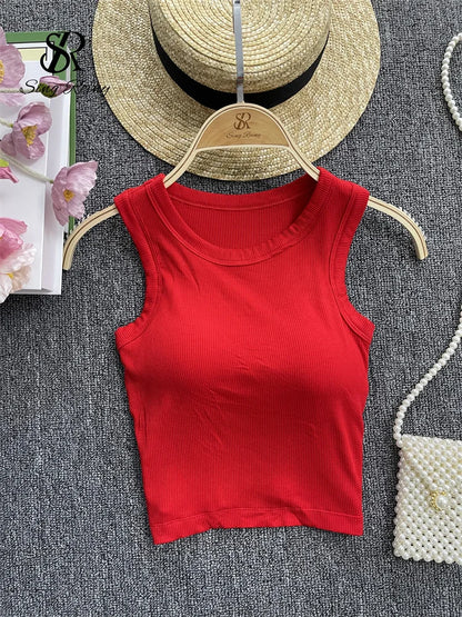 SINGREINY Sleeveless Knit Top Women Backless Korean Bra O Neck Solid Elastic Waist Ladies Elegant Fashion Casual Crop Top