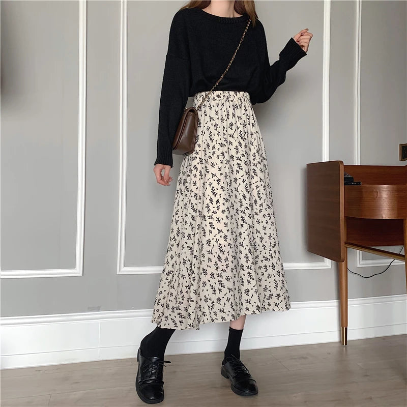 Vintage Floral Print A-line Pleated Long Skirts Summer Women 2024 Korean Skirt Streetwear Drawstring Elastic Waist Midi Skirt