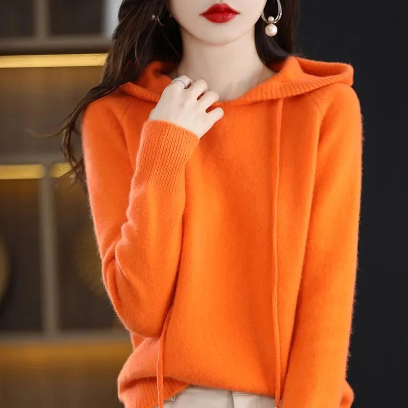 Women Pullover Sweater Hooded Jumper Korean Loose Solid Long Sleeve Casual Autumn Winter Thick Warm Knitted Sweaters