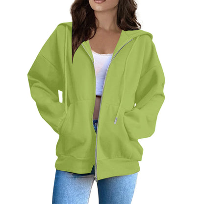 Women's Casual Fashion Solid Color Long Sleeved Zippered Hooded Sweatshirt