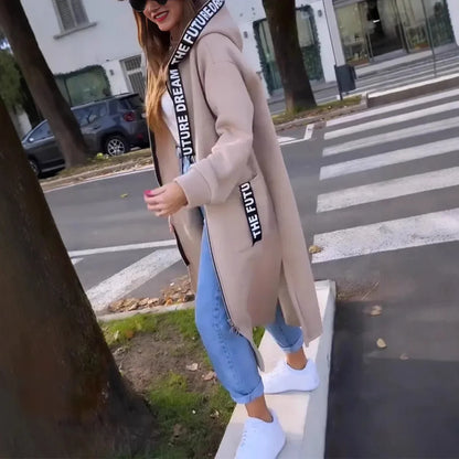 Cardigan Sweatshirt Women Hooded Long Coats Splice Casual Zipper Thick Coat Pocket Outwear Solid Jacket Autumn Winter 2024