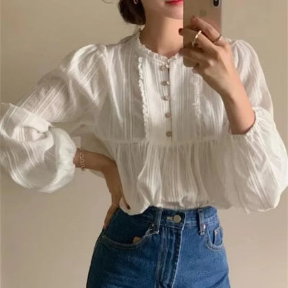 Deeptown Lace Buttons Vintage Women's Blouses Long Sleeve Preppy Shirts Female Loose Korean Fashion Chic Sweet Elegant Spring