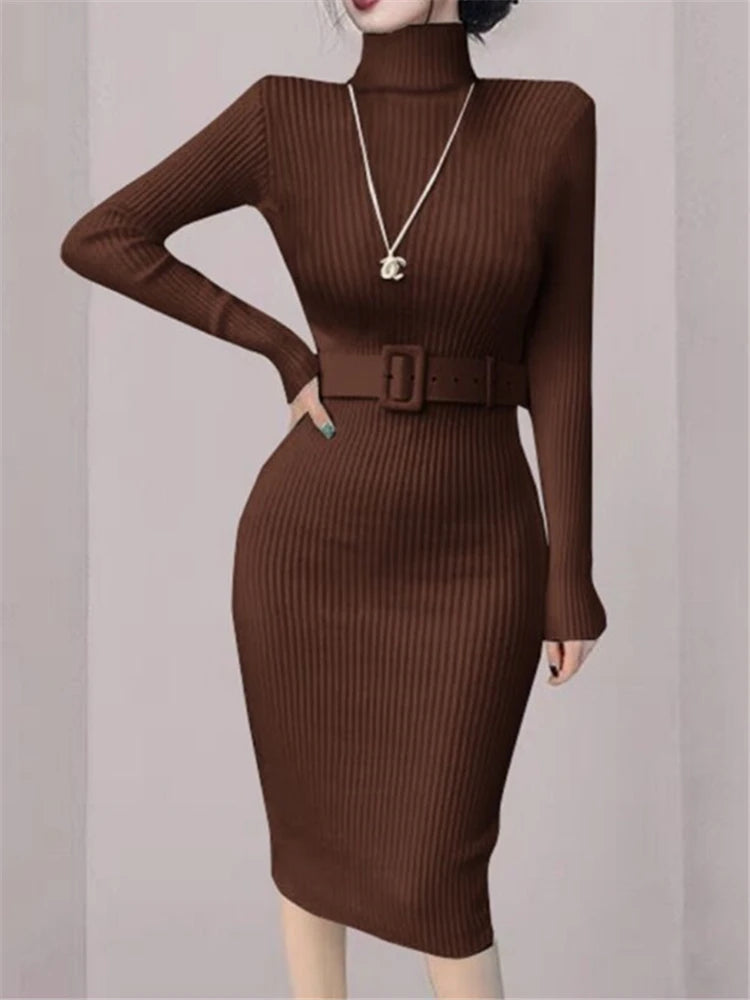 Seoulish Autumn Winter Turtleneck Women's Wrap Knitted Dresses with Belted Long Sleeve Sheath Knitwear Bodycon Dress Female 2023