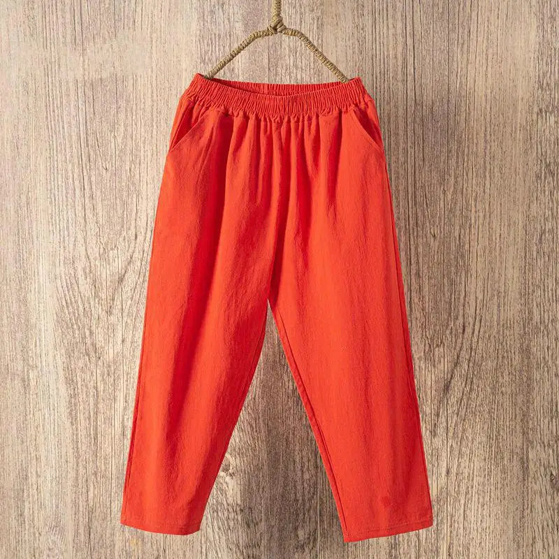 Women Summer Casual Loose Harem Elastic Waist Cotton Linen Pants Ninth Trousers