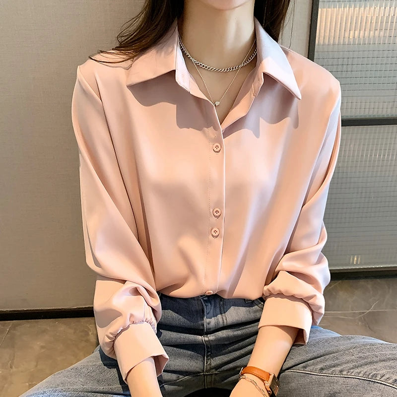 Spring Autumn Casual Chiffon Shirt Women Office Lady Shirts Fashion Female Long Sleeve Loose Solid Blouse Tops  S-4XL