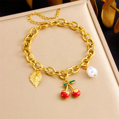 DIEYURO 316L Stainless Steell Golden Foliage Red Cherry Pearl Pendant Bracelet For Women New Fashion Hand Chain Jewelry Gift