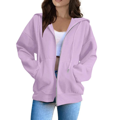 Women's Casual Fashion Solid Color Long Sleeved Zippered Hooded Sweatshirt