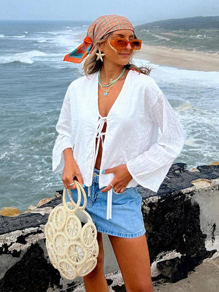 Linen Solid Lace Up Bow Shirts Women Casual Hollow Out V-neck Long Sleeve Blouses 2024 Spring Summer Fashion All-match Lady Tops