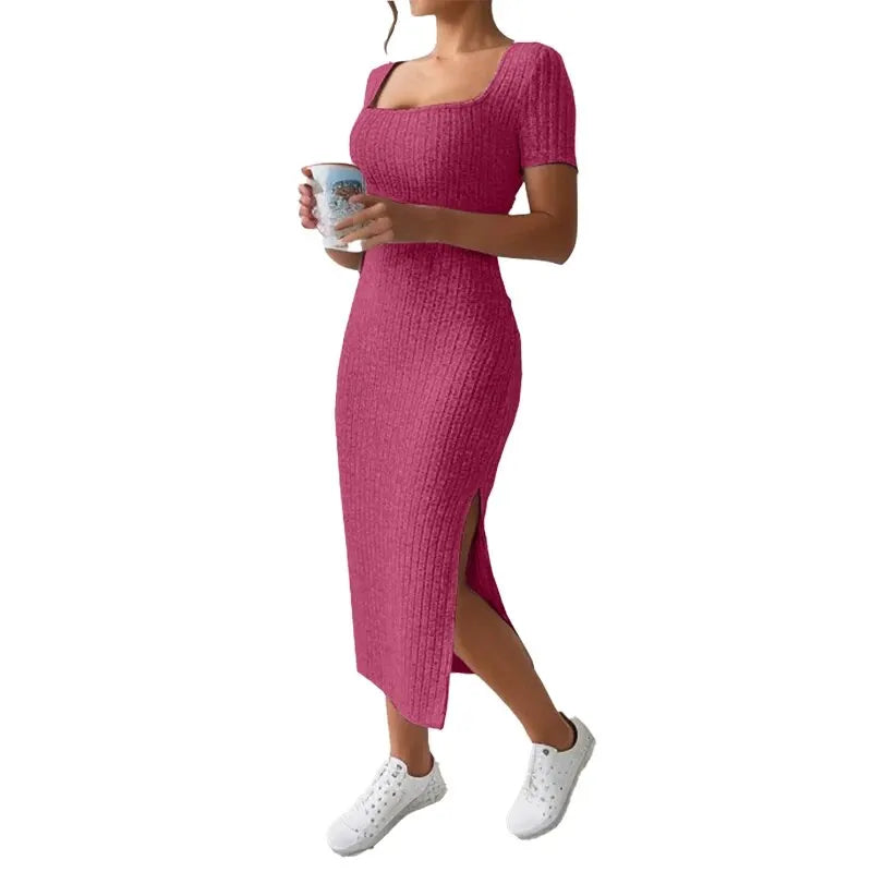 Summer Square Neck, Hip-Hugging Mid-Length Skirt, Short-Sleeved, Versatile Knitted Slit Dress