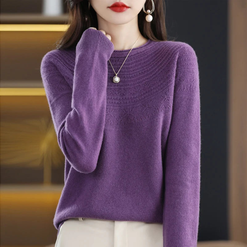 100% wool cashmere sweater women's sweater round neck hollow long sleeve pullover warm pullover in autumn and winter