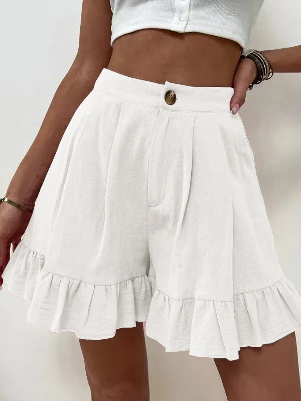 New Women's Shorts Loose Cotton Hemp Casual Shorts Button Zipper Solid Color Pocket High Waist Wide Leg Ruffle Edge Shorts