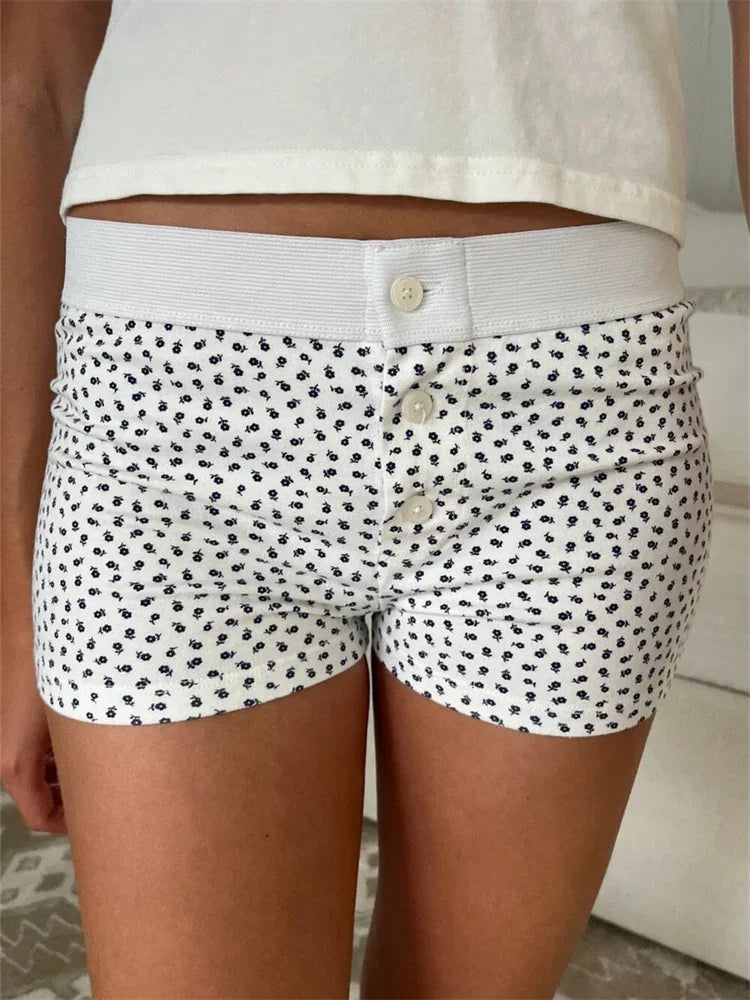 Women's Casual Elastic Shorts Solid Color/Floral/Heart Print Low Waist Button Short Pants Loungewear Summer Bottoms Y2K