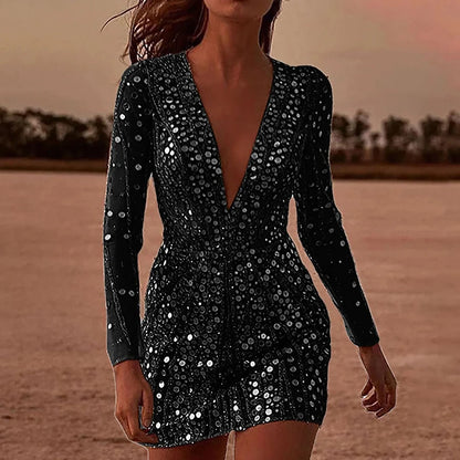 Sexy Deep V Neck Long Sleeve Shiny Dress Elegant Sequins Women's Evening Party Dresses Chic Solid Color Glitter Wrap Hips Dress