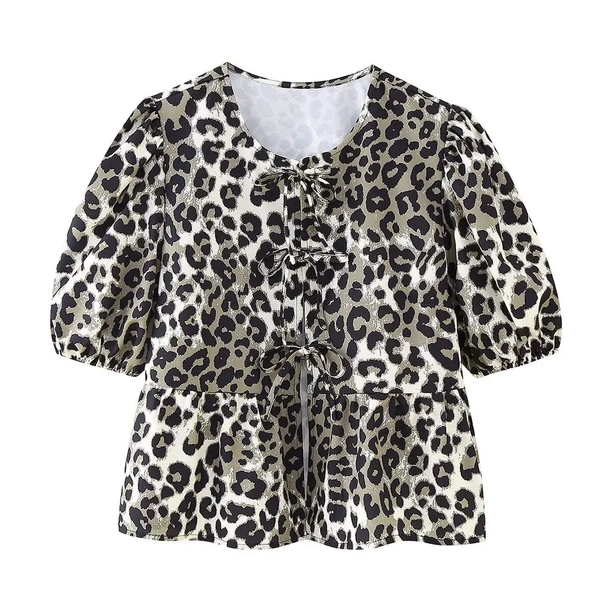 Summer Shirt With Strap Lace-up Leopard Blouse Puff Sleeve Crop Top Women's Summer Clothing