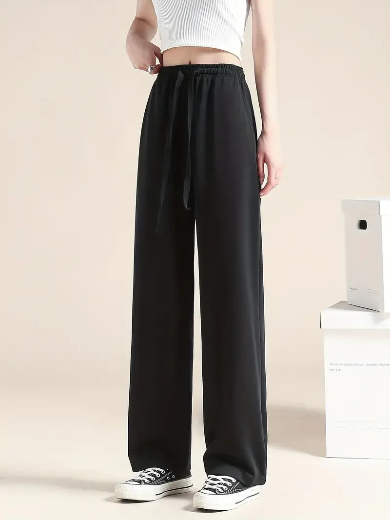 1pc Women's soft ice silk wide leg pants High waist loose comfortable straight leg casual pants suitable for outdoor black pants