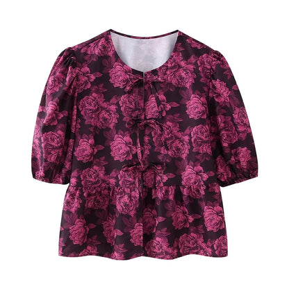 Summer Shirt With Strap Lace-up Leopard Blouse Puff Sleeve Crop Top Women's Summer Clothing