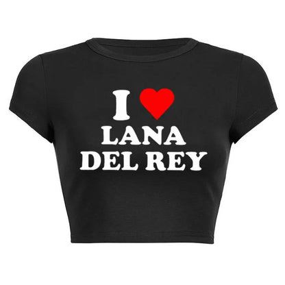 I Love Lana Del Rey Red Love Heart Women Cropped Tops 2000s Kawaii Clothes Cropped Navel Women Crop Tops Fashion T-Shirt