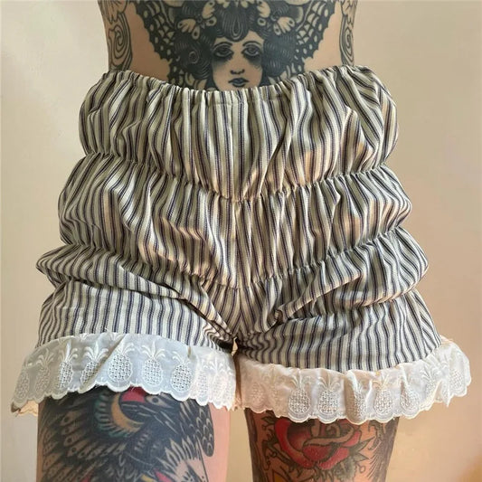 Gaono Women Striped Pajamas Shorts Lolita Bloomers Y2k Frill Lace Bloomer Shorts Cute Ruffle Boxer Pettipants Micro Boy Shorts