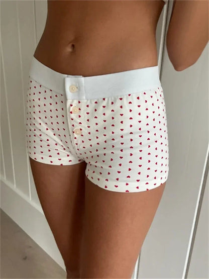 Women's Casual Elastic Shorts Solid Color/Floral/Heart Print Low Waist Button Short Pants Loungewear Summer Bottoms Y2K